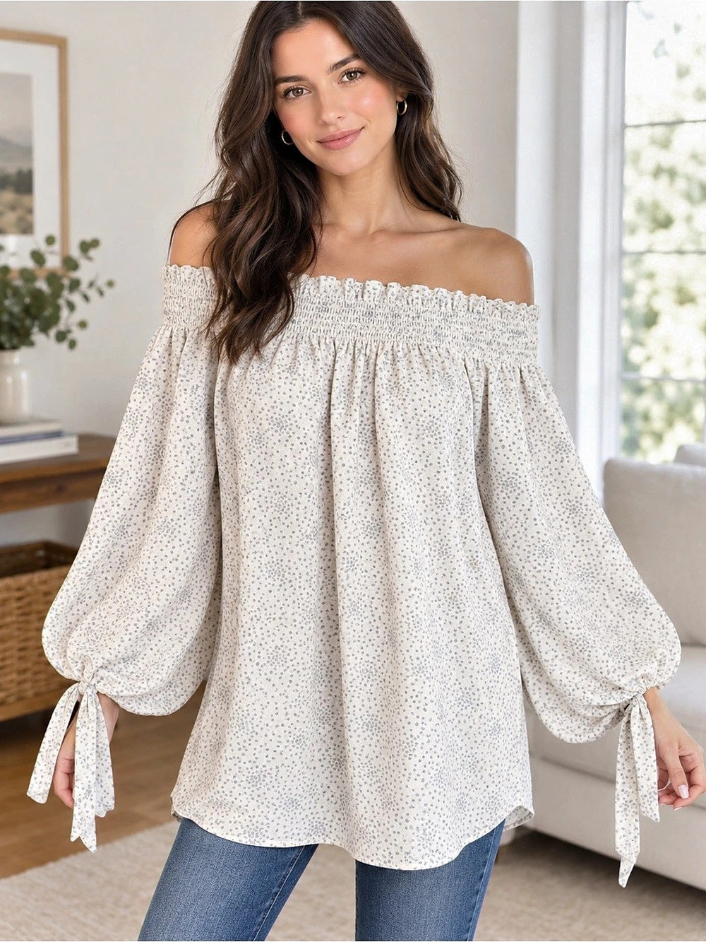 ACROBAT Polka Dot Off-Shoulder Blouse in White Size XS